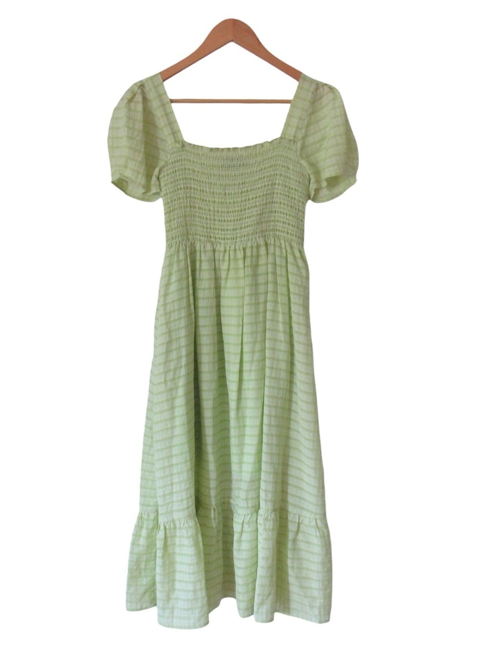 opt Shirred Midi Casual Dress Lime XS Short Sleeve Smocked Milkmaid Boho Summer